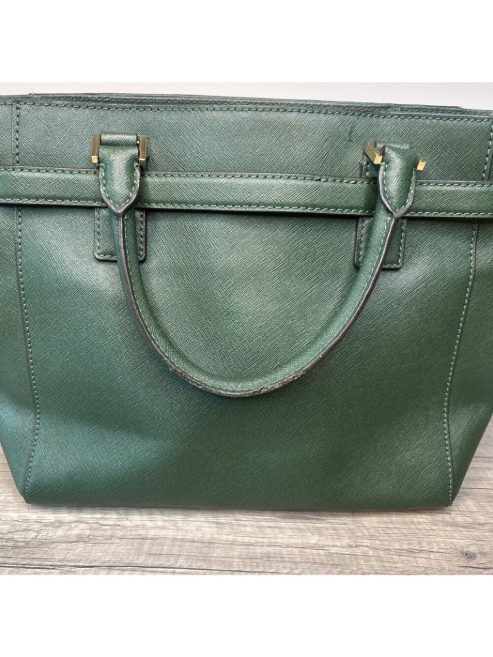 Michael Kors Green Hamilton Gold Studded Saffiano Leather Tote Purse Bag Preppy - Picture 6 of 16
